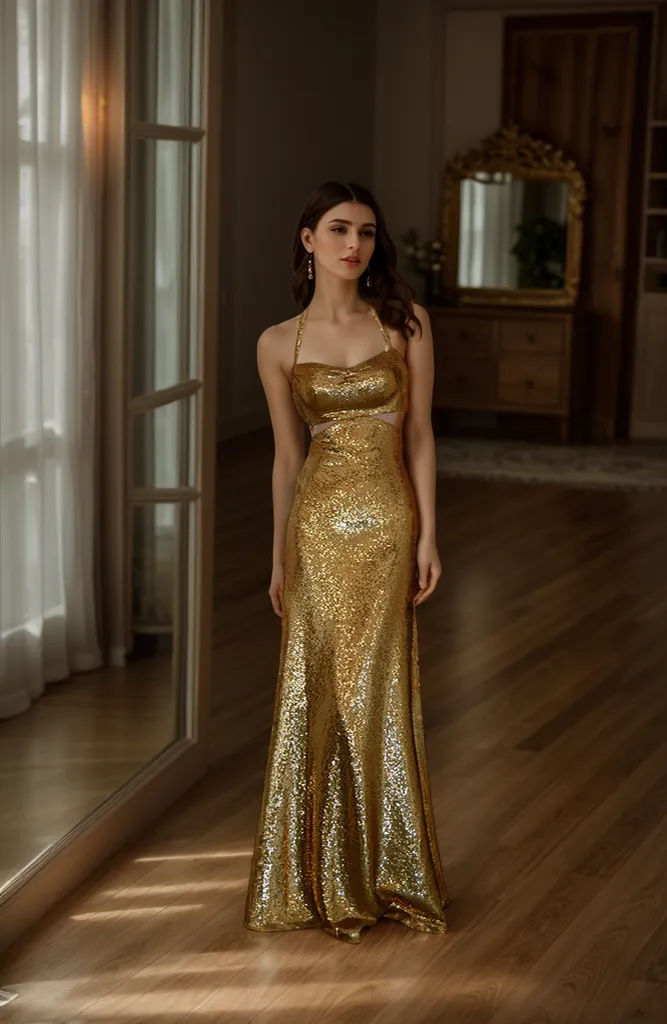 Glamorous Haltered Hollow Back Sequin Cocktail Dress