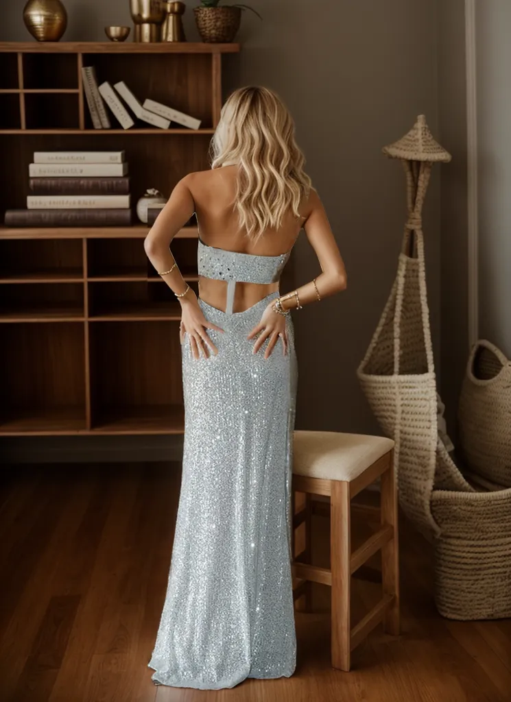 Glamorous Haltered Hollow Back Sequin Cocktail Dress