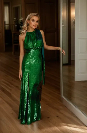 Goddess Halter Vertical Sequin Mesh Cocktail Dress