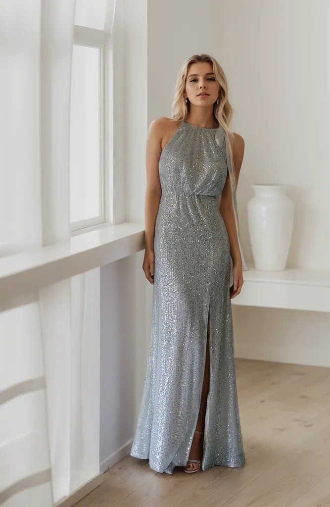 Goddess Halter Vertical Sequin Mesh Cocktail Dress