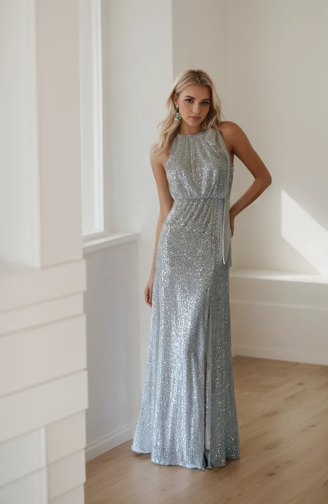 Goddess Halter Vertical Sequin Mesh Cocktail Dress