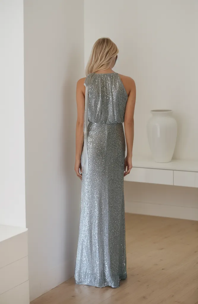 Goddess Halter Vertical Sequin Mesh Cocktail Dress