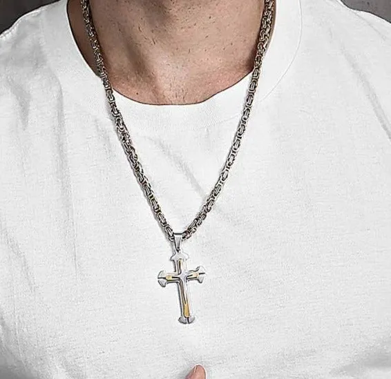 Gold & Silver Cross Pendant Necklace For Men