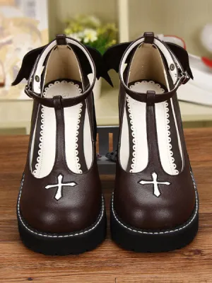 Gothic Lolita Shoes Cross Platform Wedge T-strap Lolita Shoes With Evil Wing