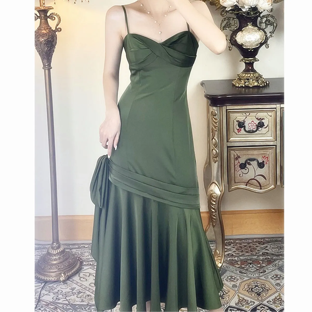Green Satin Tea Length Sweetheart Party Dress, Green Satin Prom Dress Formal Dress