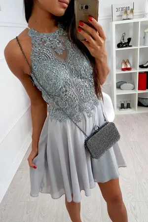 Grey Chiffon Beaded Criss-cross Lace Spaghetti Straps Homecoming Dress, MH186