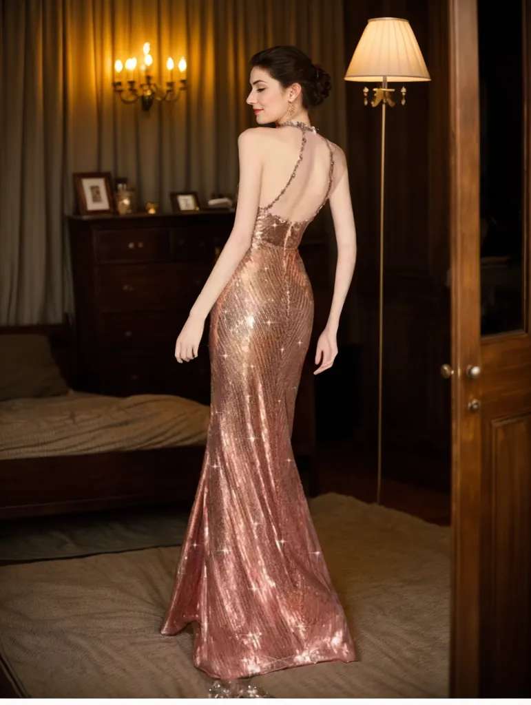 Halter Neck Metallic Sequin Evening Gown with Draped Waist Design