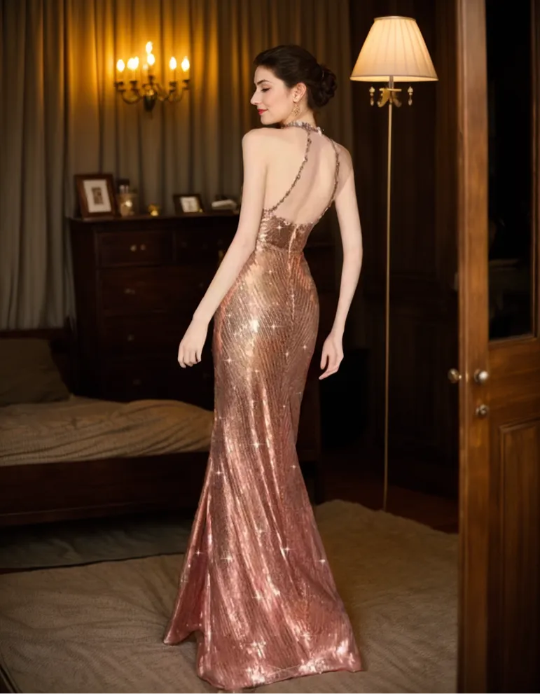 Halter Neck Metallic Sequin Evening Gown with Draped Waist Design