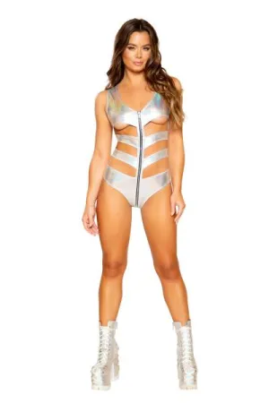 Metallic Cutout Romper with Zipper Closure - Silver -