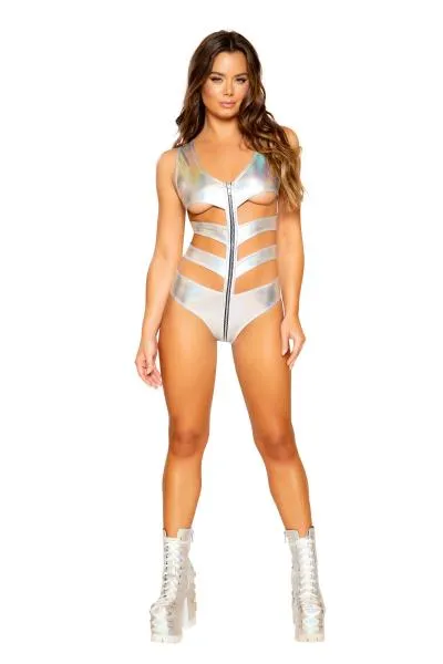 Metallic Cutout Romper with Zipper Closure - Silver -