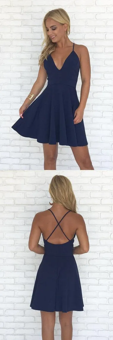 Navy Blue Spaghetti Straps V-neck Backless A-line Simple Homecoming Dresses, MH258