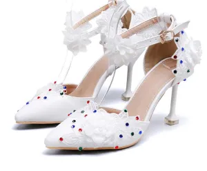 New White Lace fashion shoes For woman Flower Wedding shoes Bride High shoes Ladies Party dress shoe