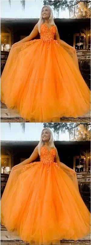 Orange A-line Spaghetti Straps V-neck Long Prom Dresses Online, Dance Dresses,12607