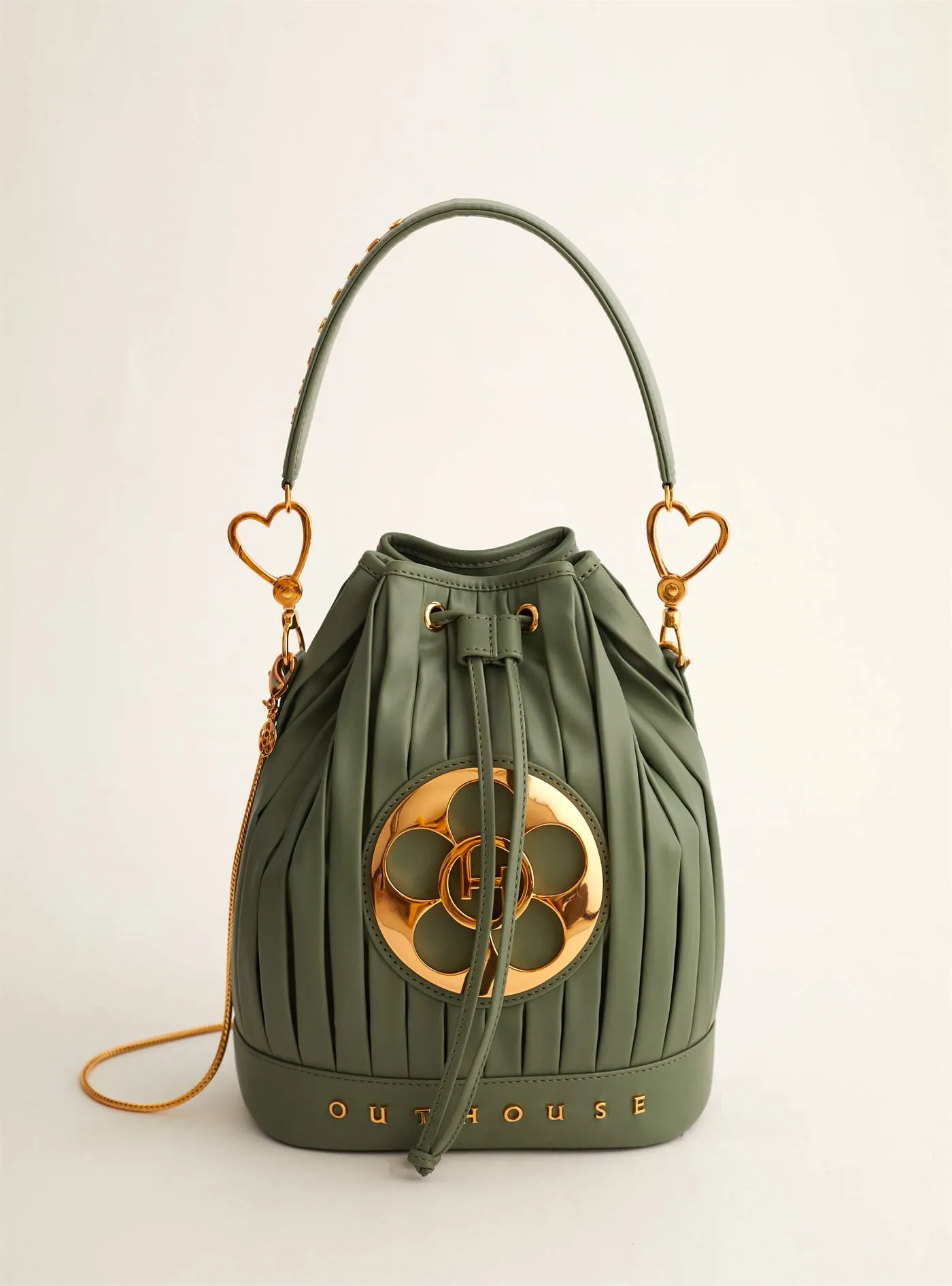 Outhouse   I   Oh Poppi Price Street Bucket Bag in Fern Green Vegan Leather Accessories OHBG21BB011