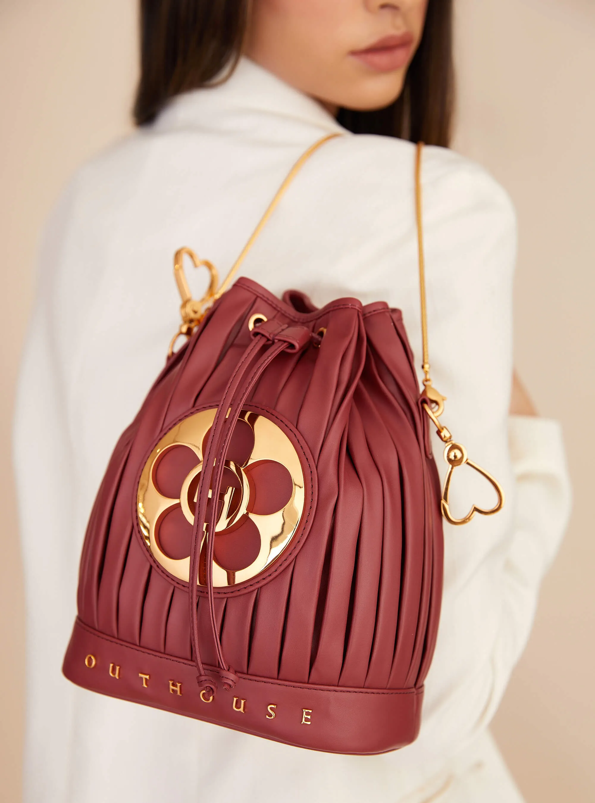 Outhouse   I   Oh Poppi Showfields Bucket Bag in Rosewood Maroon Vegan Leather Accessories OHBG21BB081