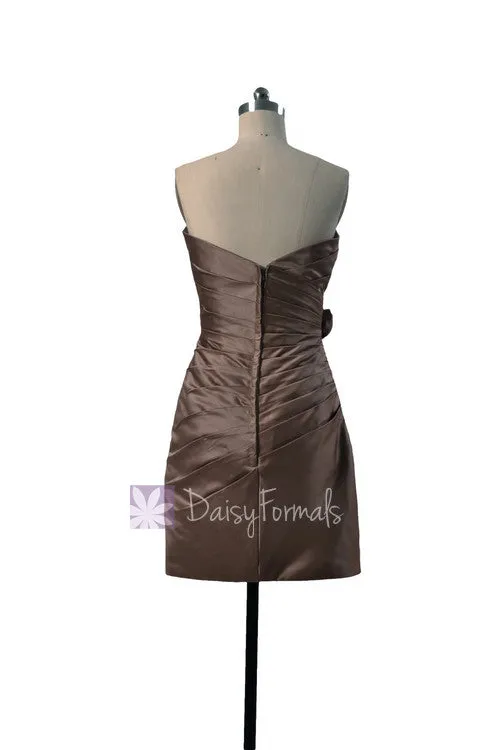 Pale Brown Satin Bridesmaid Dress Cocktail Sweetheart Party Dress W/Handmade Flowers(BM2450)