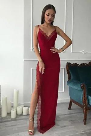 Red Spaghetti Mermaid Long Side Slit Sheath Prom Dresses PG764