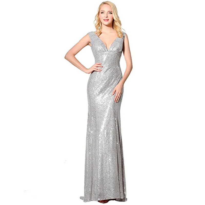 sd-hk Sequin Dresses V Neck Sleeveless Evening Maxi Dresses