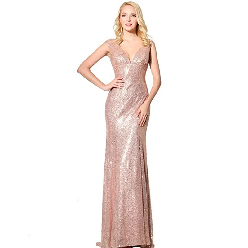 sd-hk Sequin Dresses V Neck Sleeveless Evening Maxi Dresses