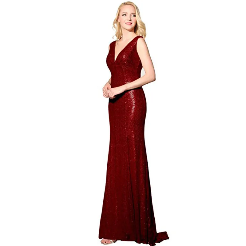 sd-hk Sequin Dresses V Neck Sleeveless Evening Maxi Dresses