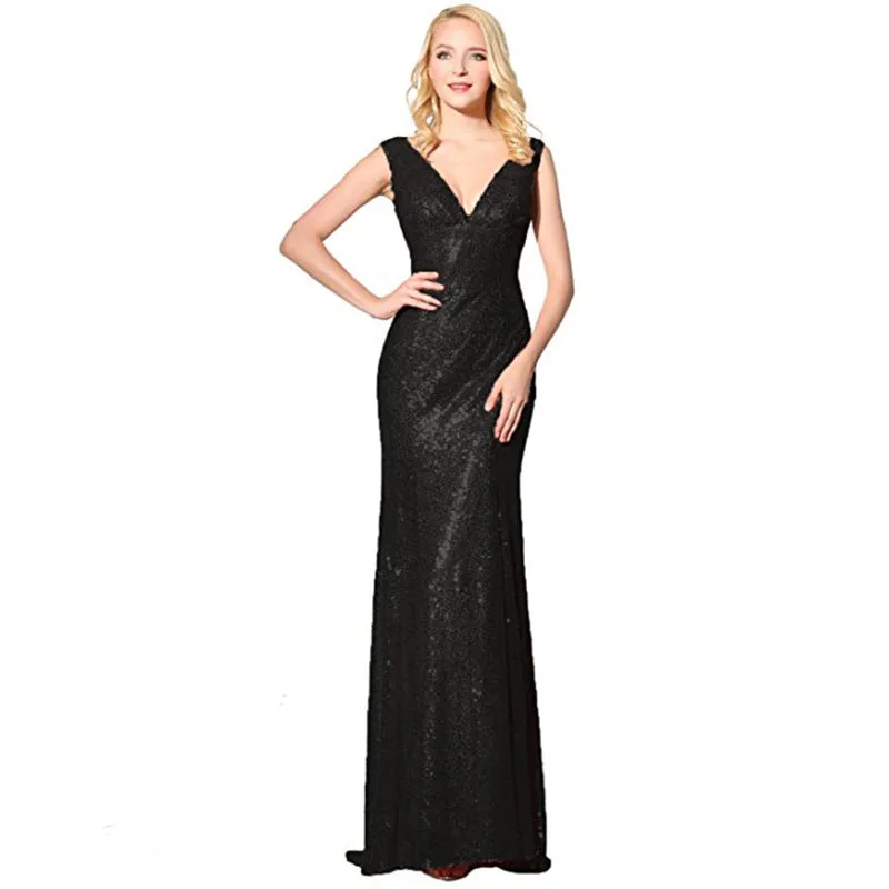 sd-hk Sequin Dresses V Neck Sleeveless Evening Maxi Dresses