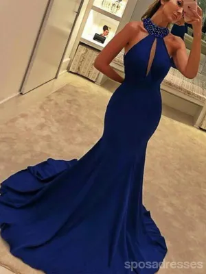 Sexy Blue Mermaid Halter V-neck Cheap Long Prom Dresses Online,Dance Dresses,12596