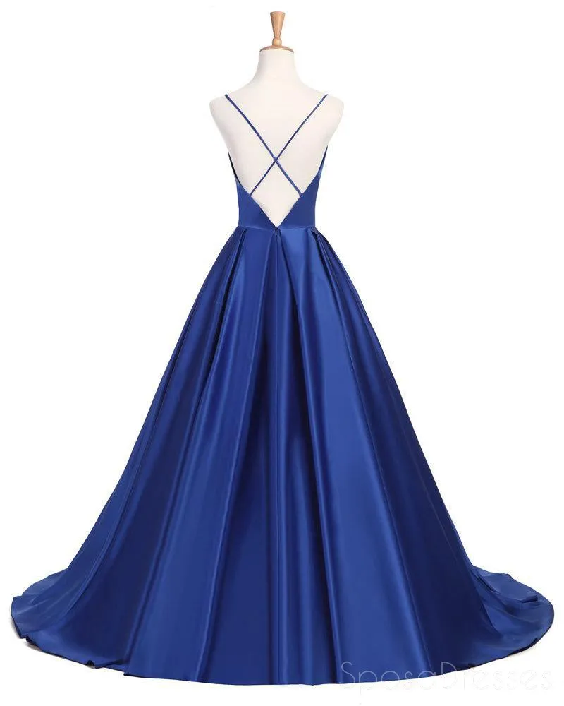 Sexy Cross Back Deep V Neckline A line Blue Long Evening Prom Dresses, Popular Cheap Long 2018 Party Prom Dresses, 17232