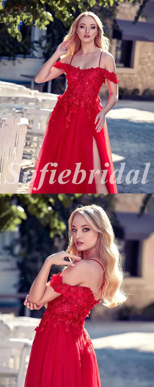 Sexy Red Tulle Cold Shoulder Sleeveless Criss Cross Side Slit A-Line Long Prom Dresses,SFPD0681