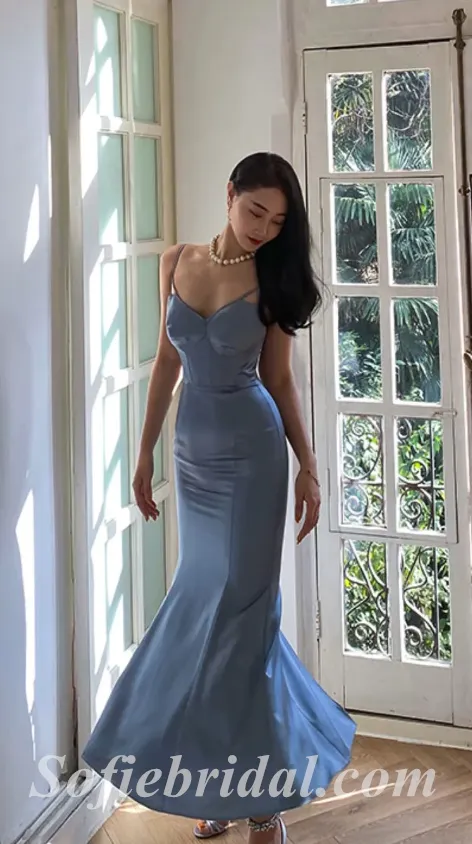 Sexy Satin Spaghetti Sptraps V-Neck Sleeveless Criss Cross Mermaid Long Prom Dresses,SFPD0507