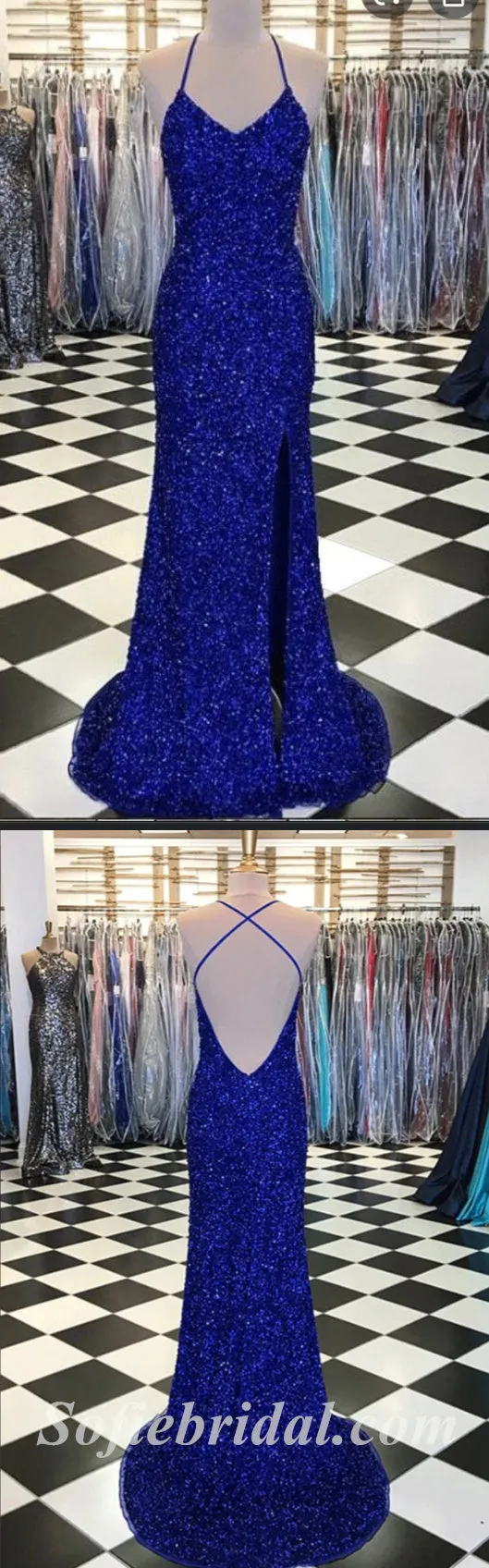 Sexy Shiny Sequin Halter V-Neck Sleeveless Criss Cross Mermaid Long Prom Dresses,SFPD0382
