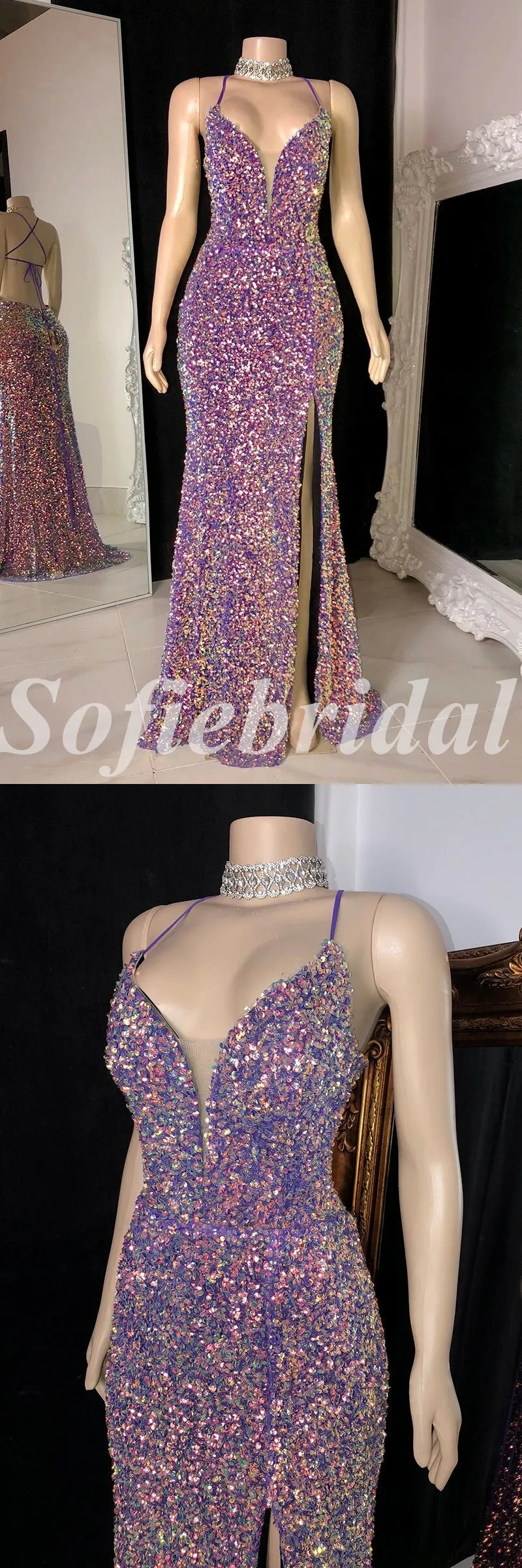 Sexy Shiny Sequin Spaghetti Straps V-Neck Sleeveless Criss Cross Lace Up Side Slit Mermaid Long prom Dresses,SFPD0713