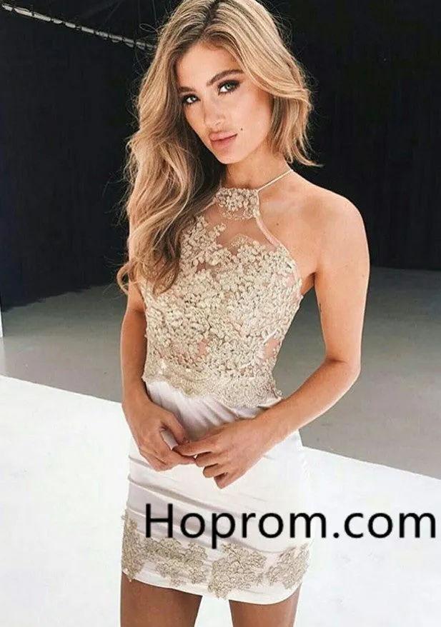 Short Criss-Cross Straps Sheath Halter Ivory Stretch Satin Homeocming Dress with Appliques