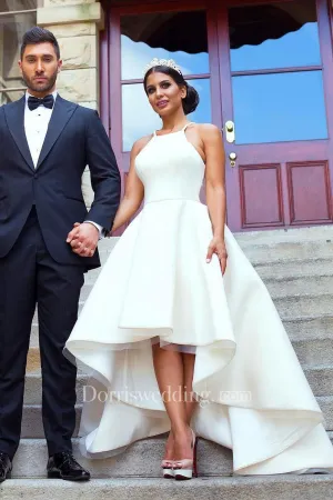 Simple Hi Low Halter Neck Satin A-Line Sleeveless Bridal Gown-715397