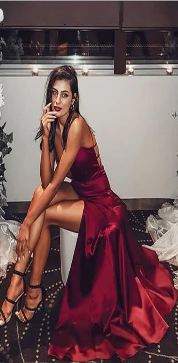 Simple Sexy Elegant Straps V Neck Mermaid Burgundy Prom Dresses,Long Evening Dress with Criss Cross Back, PD0979
