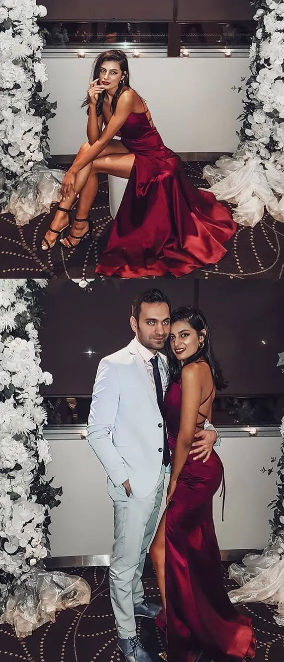 Simple Sexy Elegant Straps V Neck Mermaid Burgundy Prom Dresses,Long Evening Dress with Criss Cross Back, PD0979