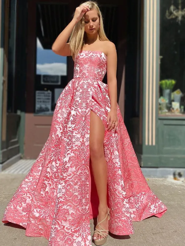 Simple Straight A-line Satin SIde Slit Long Prom Dresses Online,SFPD0103