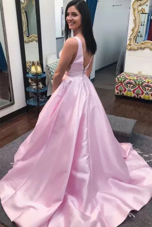 Simple V Neck Open Back Pink Satin Long Prom Dress, V Neck Pink Formal Graduation Evening Dress SNH002