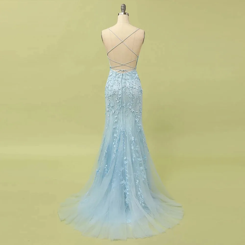 Sky Blue Long Mermaid Lace Appliques Prom Dress With Rhinestones OKW66