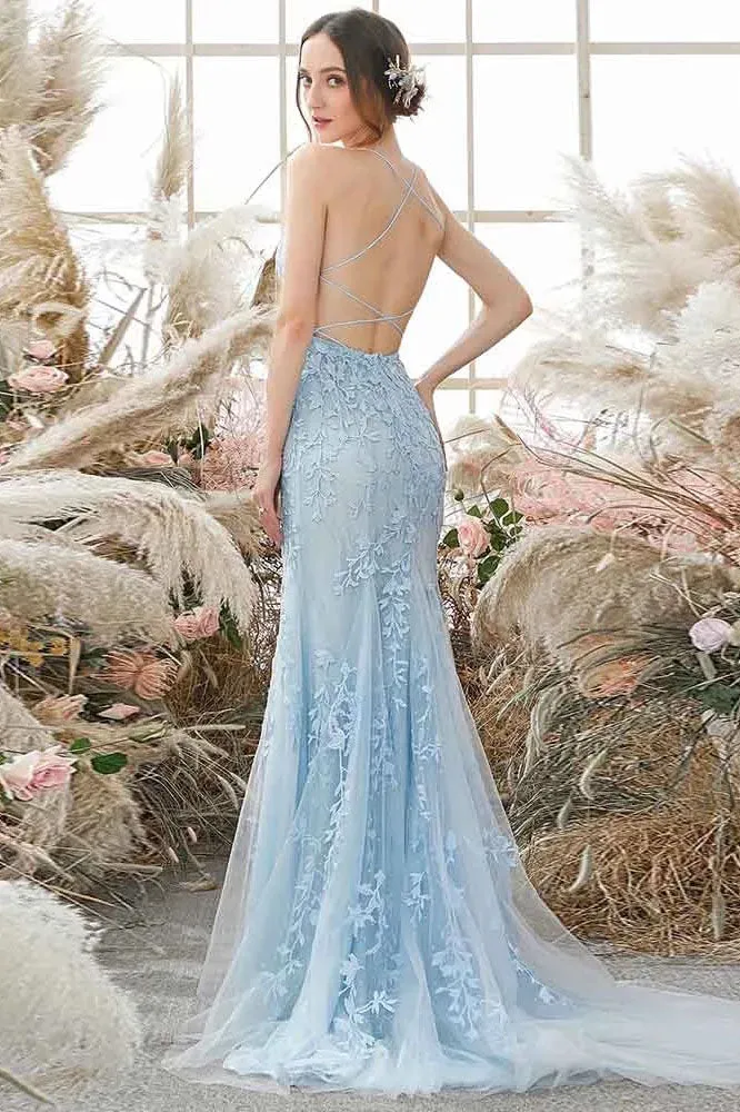 Sky Blue Long Mermaid Lace Appliques Prom Dress With Rhinestones OKW66
