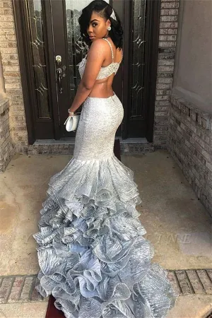Spaghetti Straps Sleeveless V-Neck Ruffles Mermaid Prom Dress YC2536