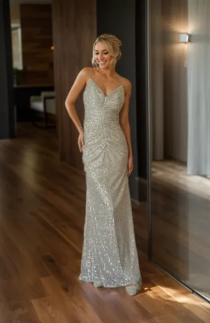 Stunning Silver Sequin Spaghetti Strap Gown with Ruched Detail