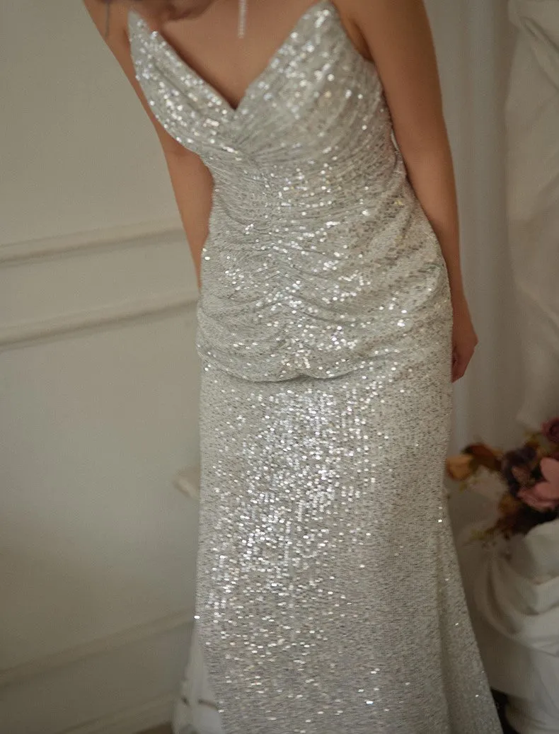 Stunning Silver Sequin Spaghetti Strap Gown with Ruched Detail