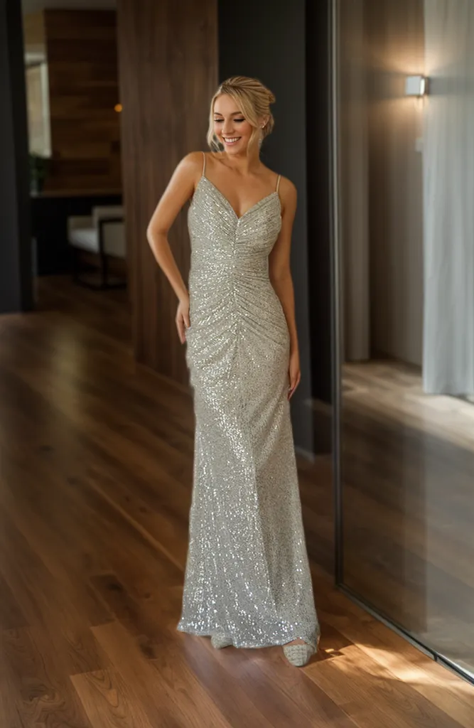 Stunning Silver Sequin Spaghetti Strap Gown with Ruched Detail