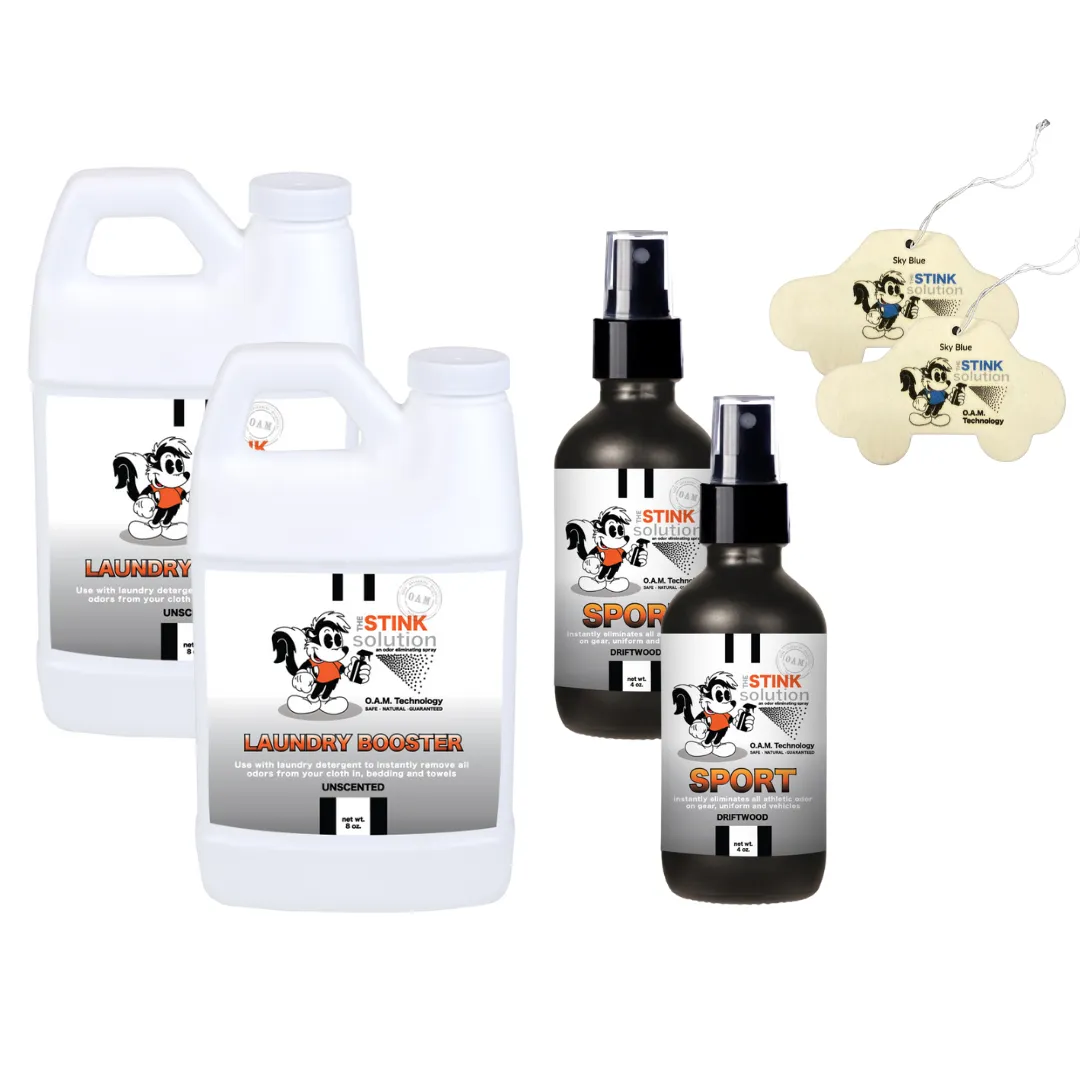 Super Sample Bundle - 2 Mini Laundry Boosters, Two 4 oz Sports Odor Eliminating Sprays   2 Car Air Fresheners