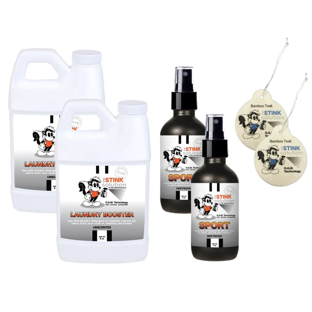 Super Sample Bundle - 2 Mini Laundry Boosters, Two 4 oz Sports Odor Eliminating Sprays   2 Car Air Fresheners