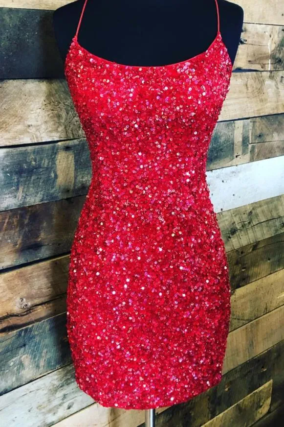 Tight Navy Blue Sequined Party Dress Sheath Short Homecoming Dress OKZ70