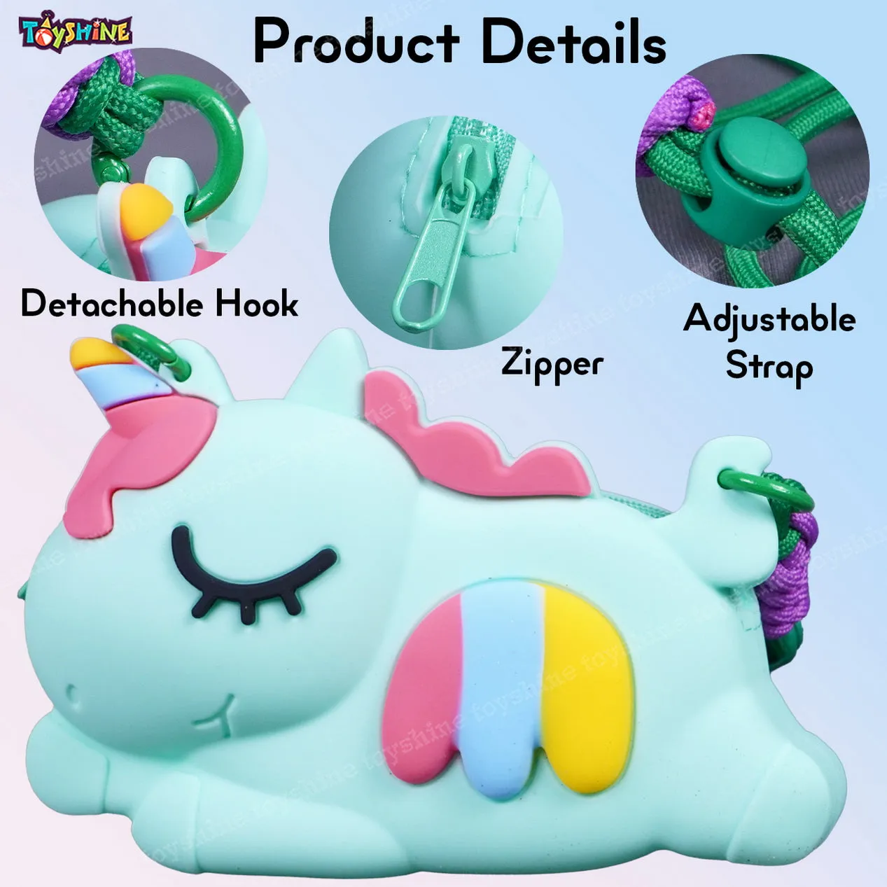 Toyshine Unicorn Shape Silicone Purse for Girls Stylish Cross Body Bag with Adjustable Strap with Compact Mirror, Comb and Keychain Included