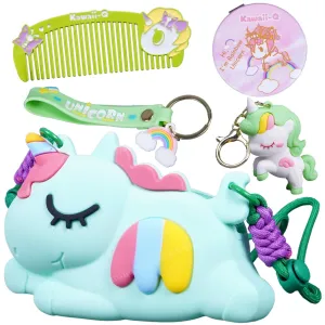 Toyshine Unicorn Shape Silicone Purse for Girls Stylish Cross Body Bag with Adjustable Strap with Compact Mirror, Comb and Keychain Included