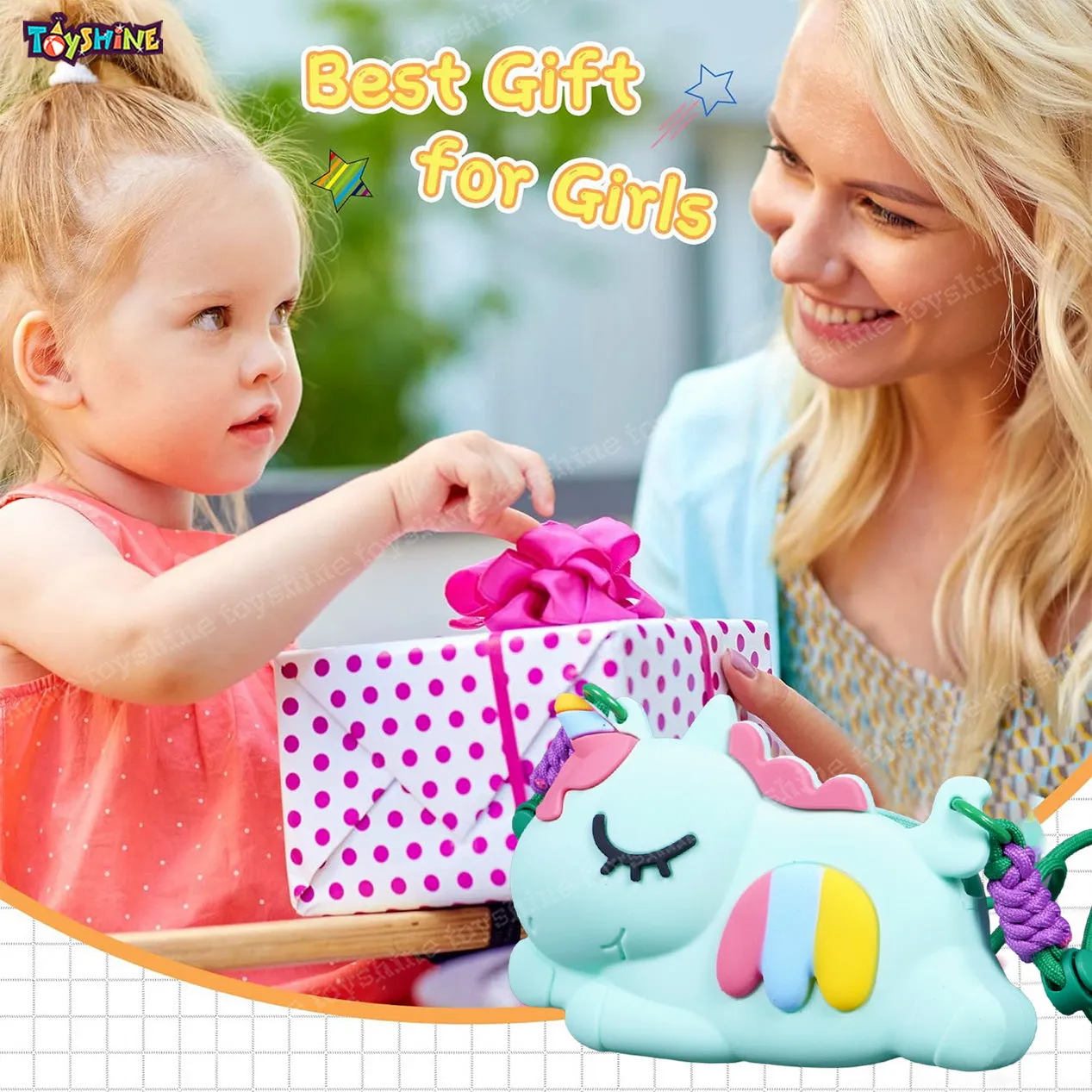 Toyshine Unicorn Shape Silicone Purse for Girls Stylish Cross Body Bag with Adjustable Strap with Compact Mirror, Comb and Keychain Included