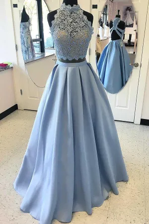 Two Piece High Satin Floor-length Criss-cross Straps Appliques Prom Dress TP0018